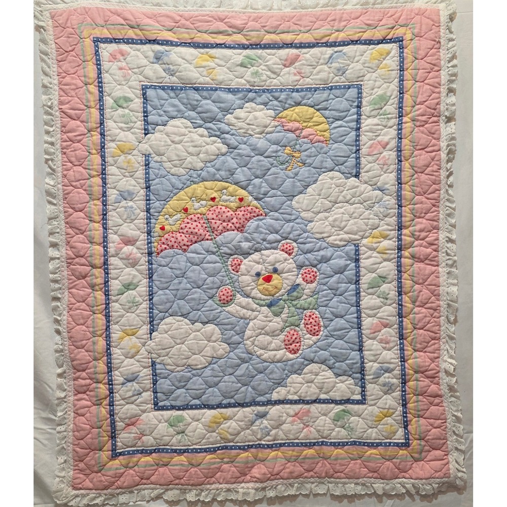 Vintage Teddy Bear Umbrella Quilt Pastel Pink Blue Eyelet Lace Baby Blanket